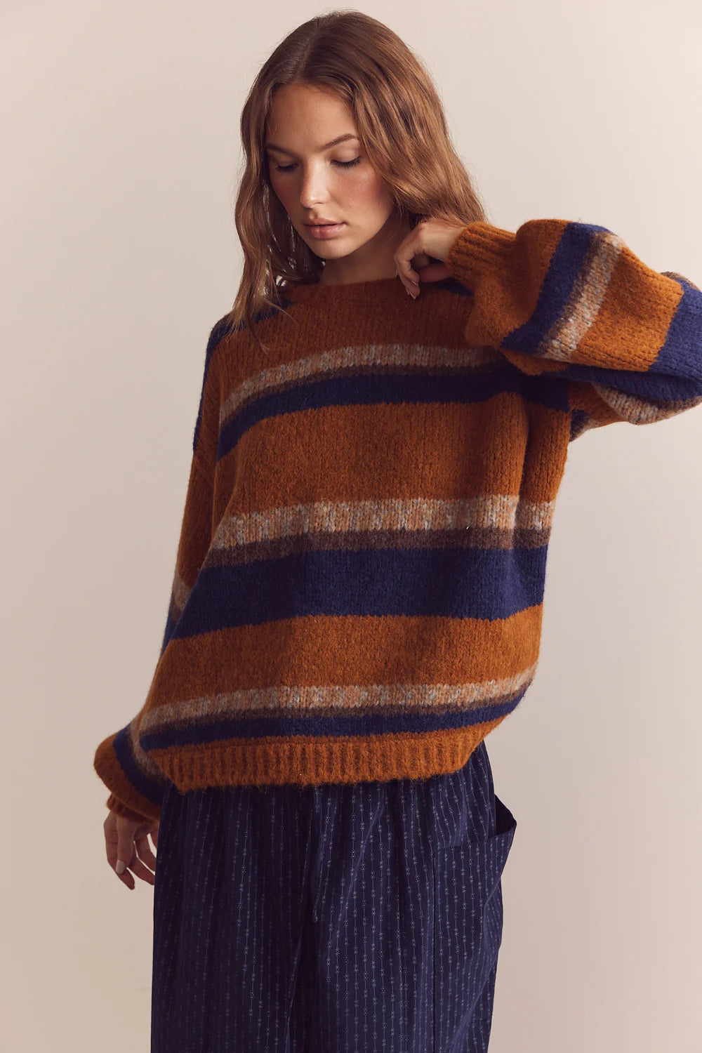 Baby Alpaca Crew Neck Sweater Amber / Blue