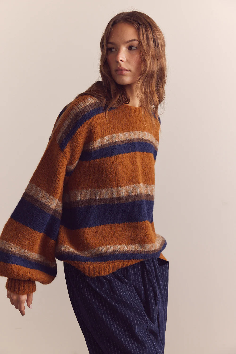 Baby Alpaca Crew Neck Sweater Amber / Blue