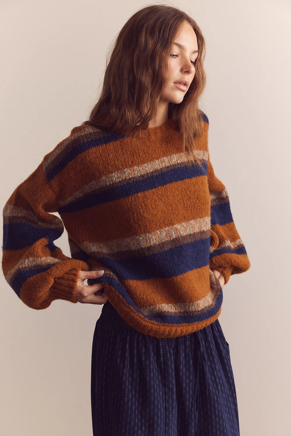 Baby Alpaca Crew Neck Sweater Amber / Blue