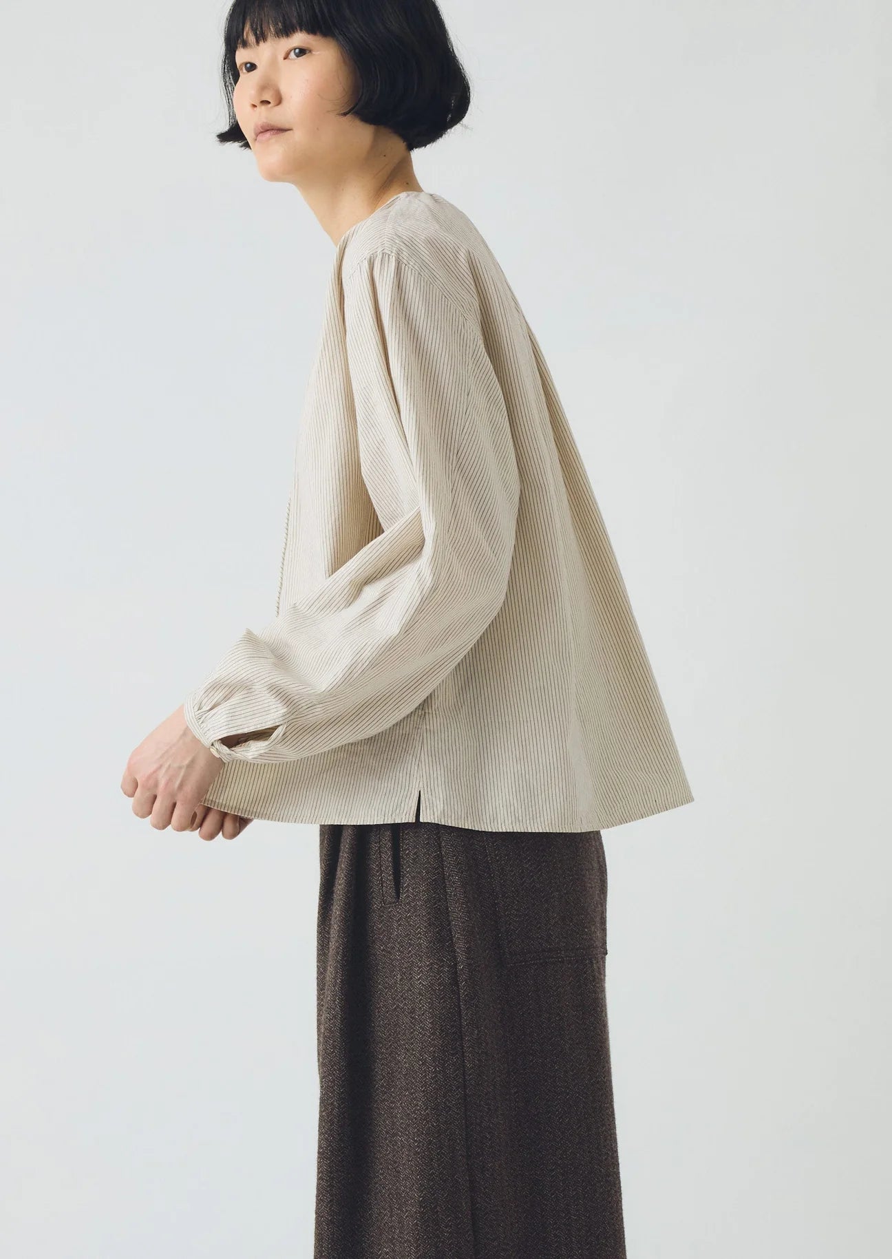 Gathered Neck Mini Stripe Shirt