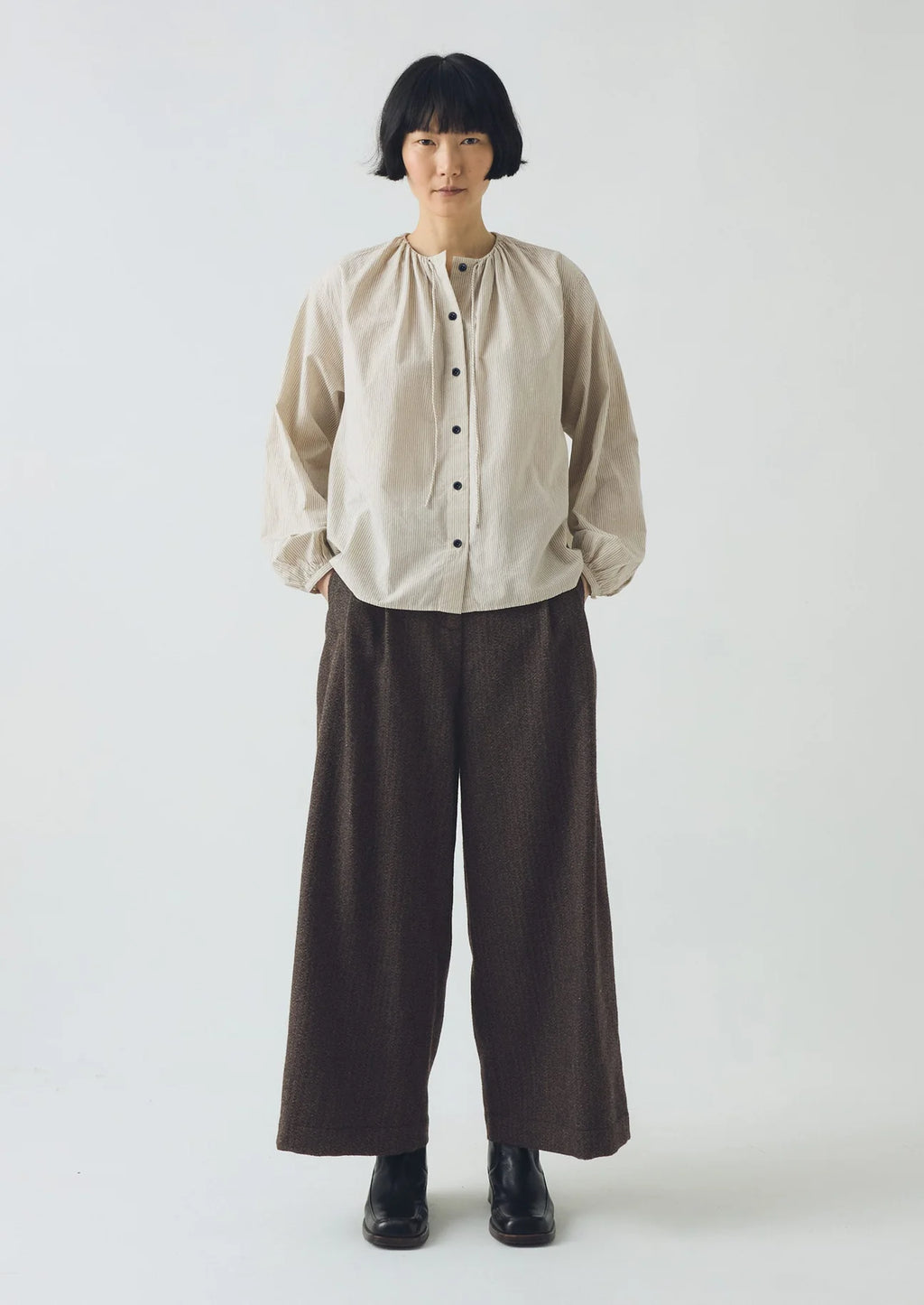 Gathered Neck Mini Stripe Shirt