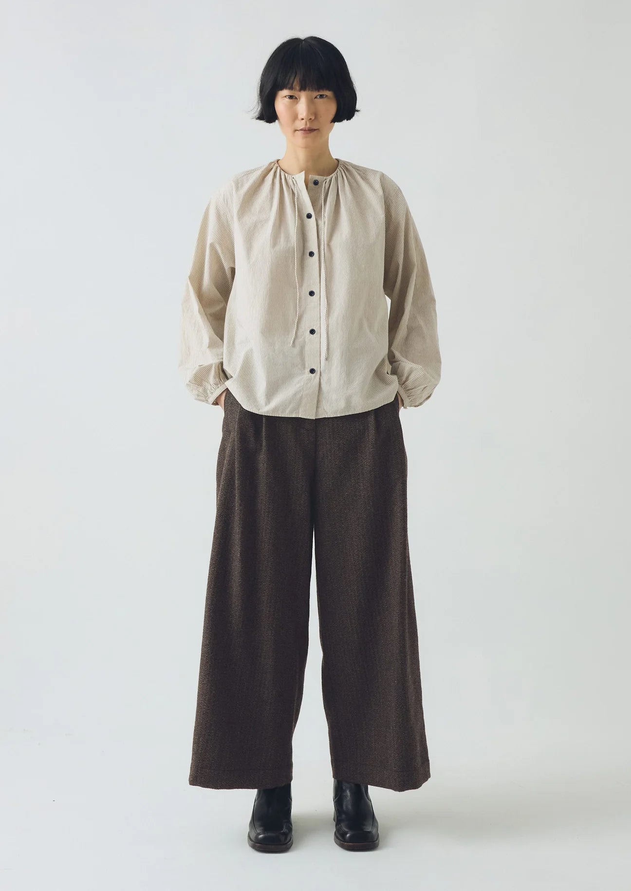 Gathered Neck Mini Stripe Shirt